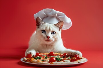 Playful Cat Chef with Delicious Pizza on a Vibrant Red Background