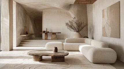 Modern Minimalist Living Room with Curved Furniture and Earth Tones