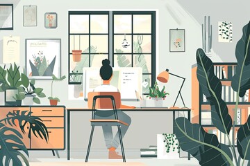 A designer is creating illustrations on a digital tablet in a stylish and minimalist study nook.