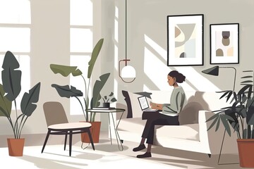  A designer is creating illustrations on a digital tablet in a stylish and minimalist study nook. Simple and minimalist flat Vector Illustration