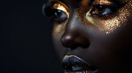 A beautiful dark-skinned girl with bright makeup on a black background.