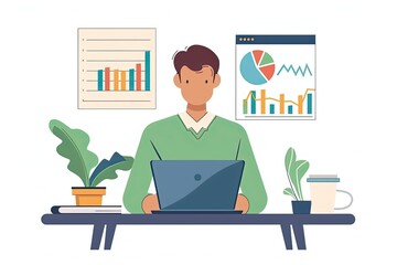 A financial advisor is analyzing charts on a laptop in a minimalist and professional study space. Simple and minimalist flat Vector Illustration