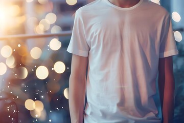 Young man wearing white tshirt for mockup on blurred bokeh background.