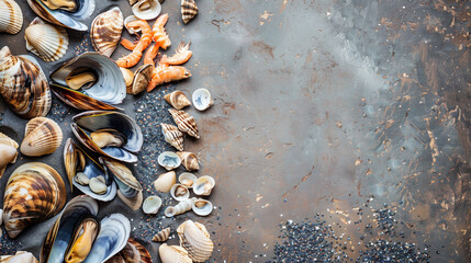 Seafood from shells and mussels on the shore of the sandy sea.
