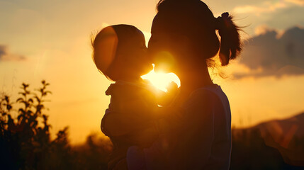 Silhouette of a young mother lovingly kissing her little child on the forehead outside isolated in front of a sunset in the sky on a summer day : Generative AI