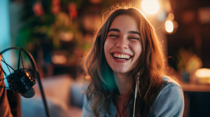 A young Caucasian woman laughing joyfully while recording a podcast, showcasing a relaxed and engaging atmosphere