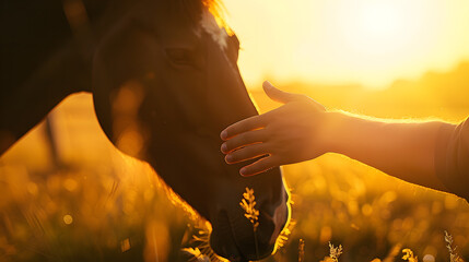Silhousette of man while stroking of therapy horse on meadow at sunset Themes hippotherapy care and friendship between people and animals : Generative AI