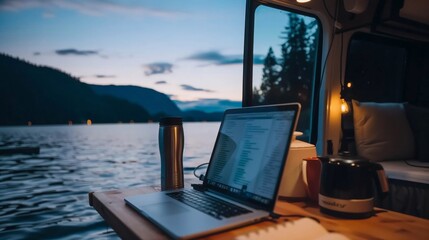 Obraz premium Functional Remote Work Setup Inside a Cozy Camper Van