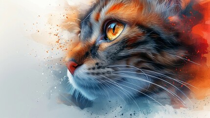 Capture the charm of a watercolor clipart line art cat face with realistic ear shapes and subtle gradients