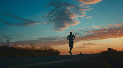 Silhouette view of a man jogging on road with dawn sky background : Generative AI