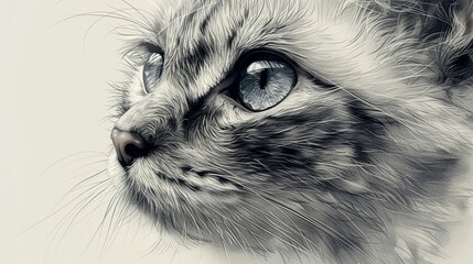 Create a scene of a clipart line art cat face with realistic fur texture