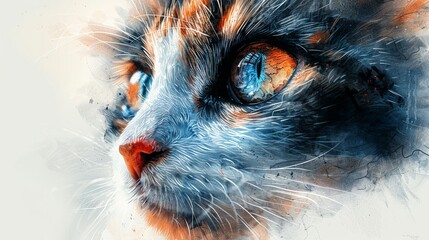 Create a scene of a watercolor clipart line art cat face with realistic fur texture