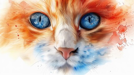 Create a scene of a watercolor clipart line art cat face with realistic fur texture