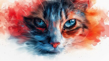 Create a scene of a watercolor clipart line art cat face with realistic fur texture