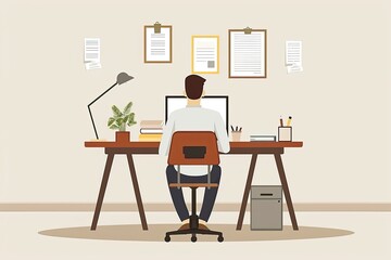 A man focused on his work sitting at a desk and typing on a laptop in a simple office setting a man working in an office Simple and minimalist flat Vector Illustration