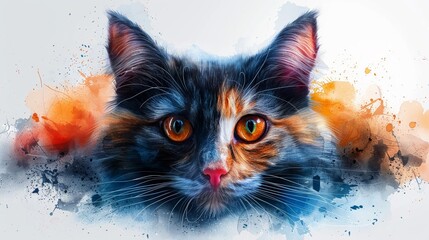 Create a scene of a watercolor clipart line art cat face with realistic fur texture