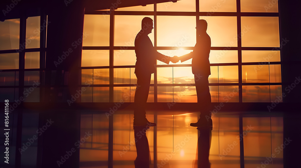 Poster silhouette of two businessmen handshaking together while standing near window with dusk sunlight bac