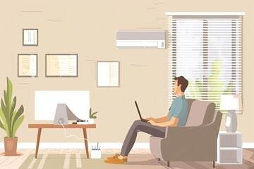 A man in a chair in a simple minimalist living room using a laptop computer study in the living room Simple and minimalist flat Vector Illustration