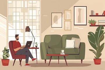 Fototapeta premium A man in a chair in a simple minimalist living room using a laptop computer study in the living room Simple and minimalist flat Vector Illustration