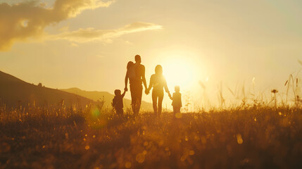 Fototapeta premium Happy family father mother son and daughter in nature sunset : Generative AI