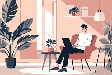 A man is seated in a chair focused on his laptop screen working diligently Freelancer work from home Simple and minimalist flat Vector Illustration 