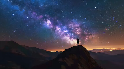 Milky Way arch and man on the mountain peak at starry night Silhouette of alone guy blue sky with...