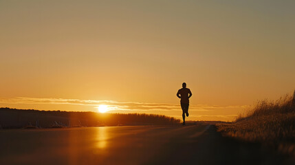 Silhouette view of a man jogging on road with dawn sky background : Generative AI