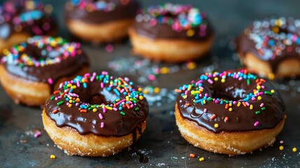 Donuts topped with chocolate frosting and vibrant sprinkles