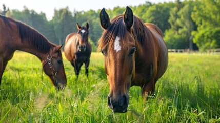 Fototapeta premium Feeding farm horses fresh grass