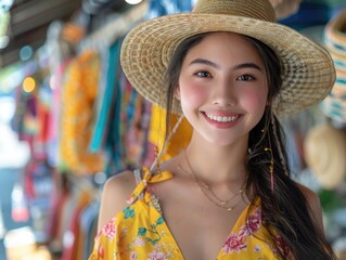 A young woman wearing a yellow dress is shopping
