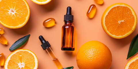serum oil bottle, Fresh Citrus Fruit Slices, Lemon, Orange, Lime, and Grapefruit on Background
