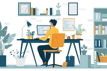 A man sitting in a chair working on a laptop Freelancer work from home Simple and minimalist flat Vector Illustration