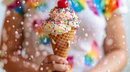 A photo of a person holding an ice cream cone decorated with rainbow sprinkles and a cherry on top. The person is wearing a shirt with the colors of the Pride flag. The background is light and