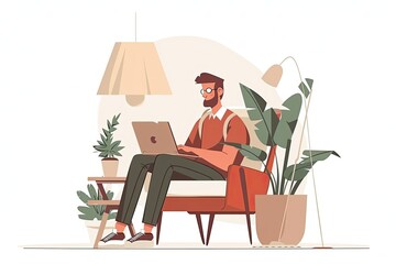 A man sitting in a chair working on a laptop Freelancer work from home Simple and minimalist flat Vector Illustration