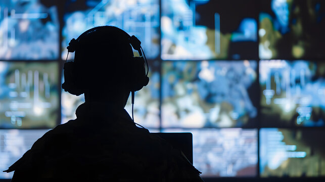 Silhouette of a military man in headphones at a laptop against the background of a video wall of glowing screens contour lighting Concept information gathering surveillance and control : Generative AI