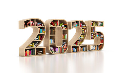 New Year 2025 Creative Design Concept with Book Shelf - 3D Rendered Image	

