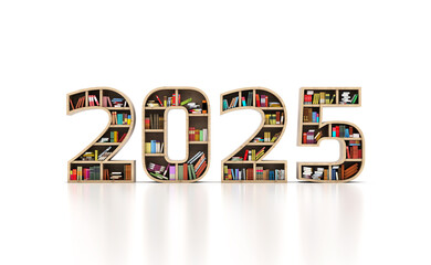 New Year 2025 Creative Design Concept with Book Shelf - 3D Rendered Image	

