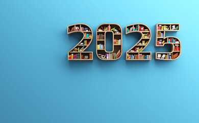 New Year 2025 Creative Design Concept with Book Shelf  - 3D Rendered Image
