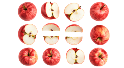 red apple, many angles and view side top front group sliced halved cut, isolated transparent background