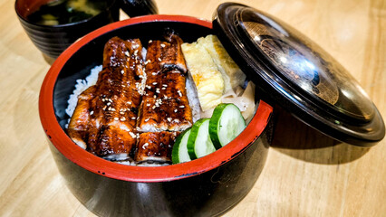 Unagi don, JapanBroiled eel served on box of riceese eel grilled with rice Japanese food.