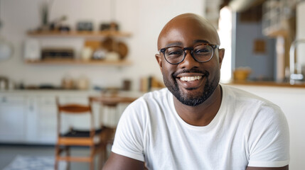 Obraz premium Portrait of a handsome smiling black man wearing a casual t-shirt and glasses at his home, white walls and wooden furniture in the background