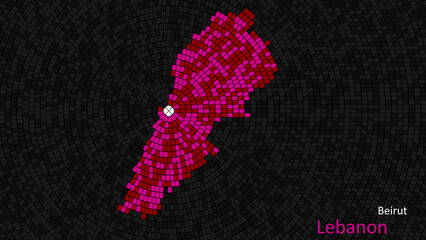 A map of Lebanon is presented as a mosaic with a dark background, and the country's borders are outlined in the shape of a colorful mosaic, centered around the capital city.