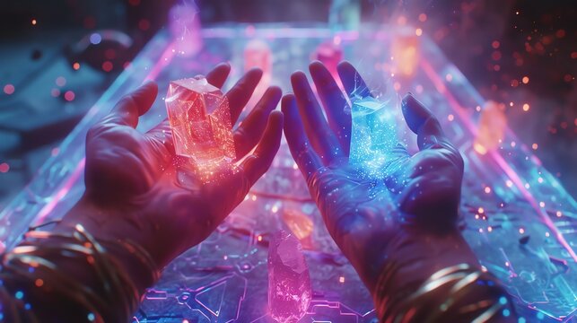 3D modeled fingers casting spells in a virtual game, top view, Digital sorcery, Scifi tone, colored pastel