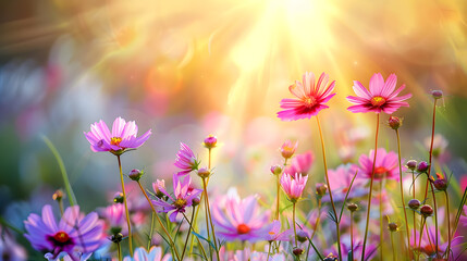 Beautiful cosmos flowers in the field with a sunlight background, with a soft focused and blurred...