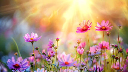 Beautiful cosmos flowers in the field with a sunlight background, with a soft focused and blurred style. A spring meadow full of colorful wildflowers at sunset