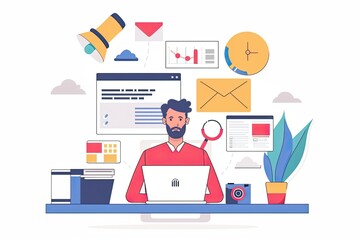 A marketer is creating campaigns on a laptop in a focused and modern study corner. Simple and minimalist flat Vector Illustration