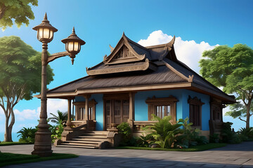 Obraz premium A blue and white building with a red roof