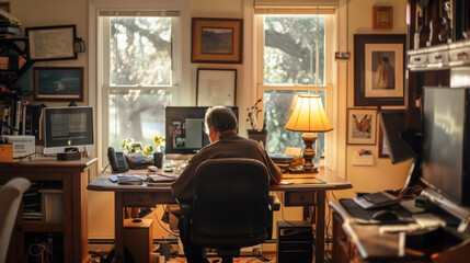 Fototapeta premium In the tranquil ambiance of his well-organized home office, the man immerses himself in his work, surrounded by the comforts of his familiar surroundings.