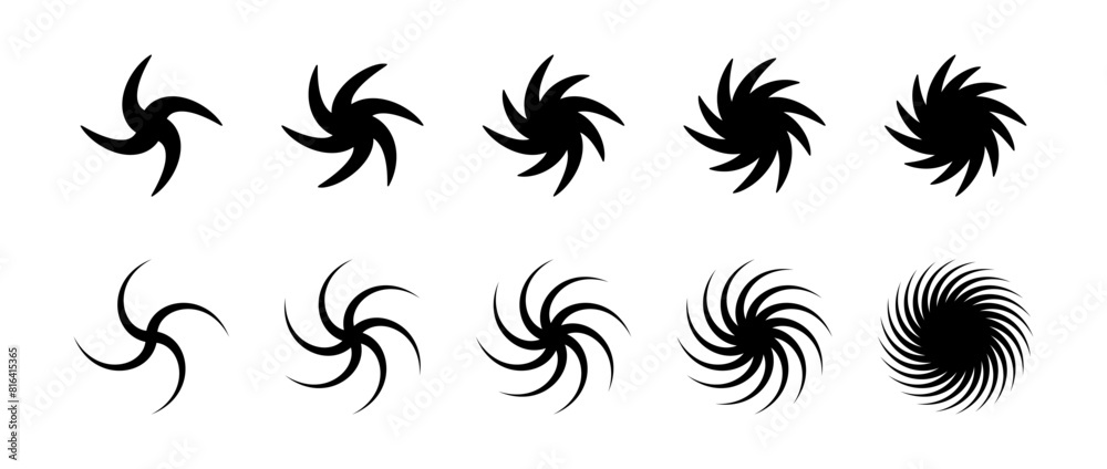 Aufkleber Swirl element set. Black twirling and rotating effect collection. Circular radial revolving whirlwind symbols bundle for graphic design. Twist, gyre or whirlpool rotation pack. Vector