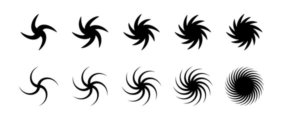Swirl element set. Black twirling and rotating effect collection. Circular radial revolving whirlwind symbols bundle for graphic design. Twist, gyre or whirlpool rotation pack. Vector
